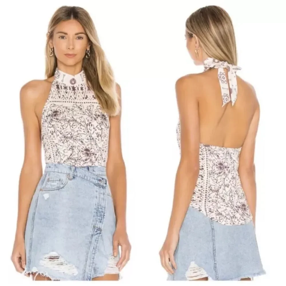 NWT free people Madagascar halter top in neutral cream and pink size medium